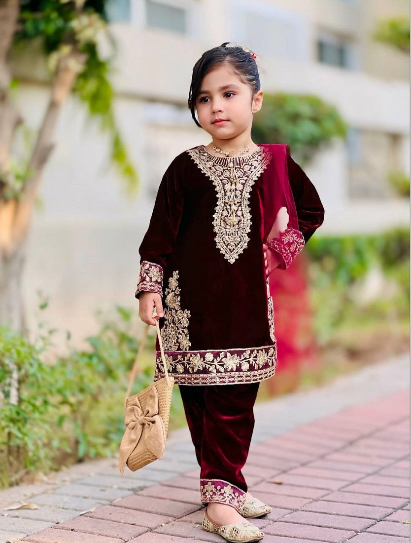 Evanik Maroon Designer Viscose Velvet Embroidered Work Kids Kurta Set - Distacart