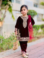 Thumbnail for Evanik Maroon Designer Viscose Velvet Embroidered Work Kids Kurta Set - Distacart