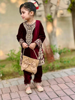 Thumbnail for Evanik Maroon Designer Viscose Velvet Embroidered Work Kids Kurta Set - Distacart