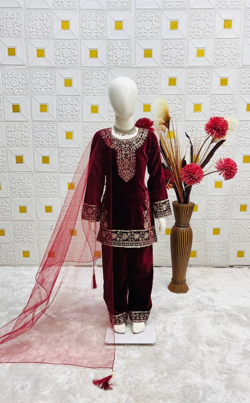 Evanik Maroon Designer Viscose Velvet Embroidered Work Kids Kurta Set - Distacart
