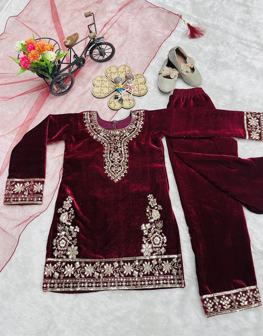 Evanik Maroon Designer Viscose Velvet Embroidered Work Kids Kurta Set - Distacart