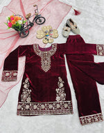 Thumbnail for Evanik Maroon Designer Viscose Velvet Embroidered Work Kids Kurta Set - Distacart