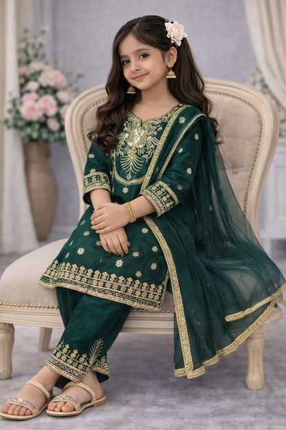 Evanik Green Embroidered Sequence Work Fendy Silk Kids Kurta Set - Dista