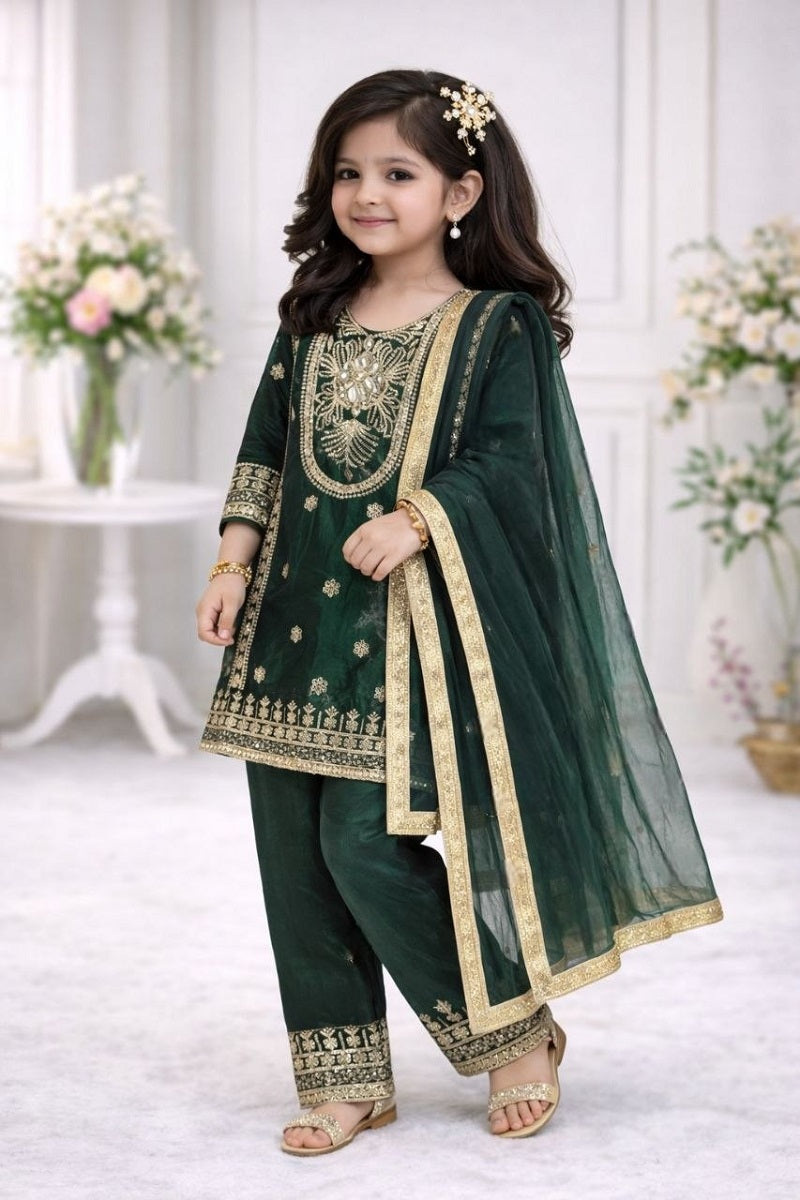 Evanik Green Embroidered Sequence Work Fendy Silk Kids Kurta Set - Dista