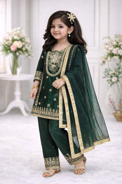 Evanik Green Embroidered Sequence Work Fendy Silk Kids Kurta Set - Dista