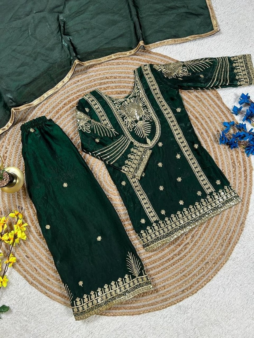Evanik Green Embroidered Sequence Work Fendy Silk Kids Kurta Set - Dista