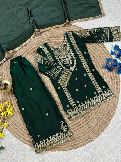 Evanik Green Embroidered Sequence Work Fendy Silk Kids Kurta Set - Dista