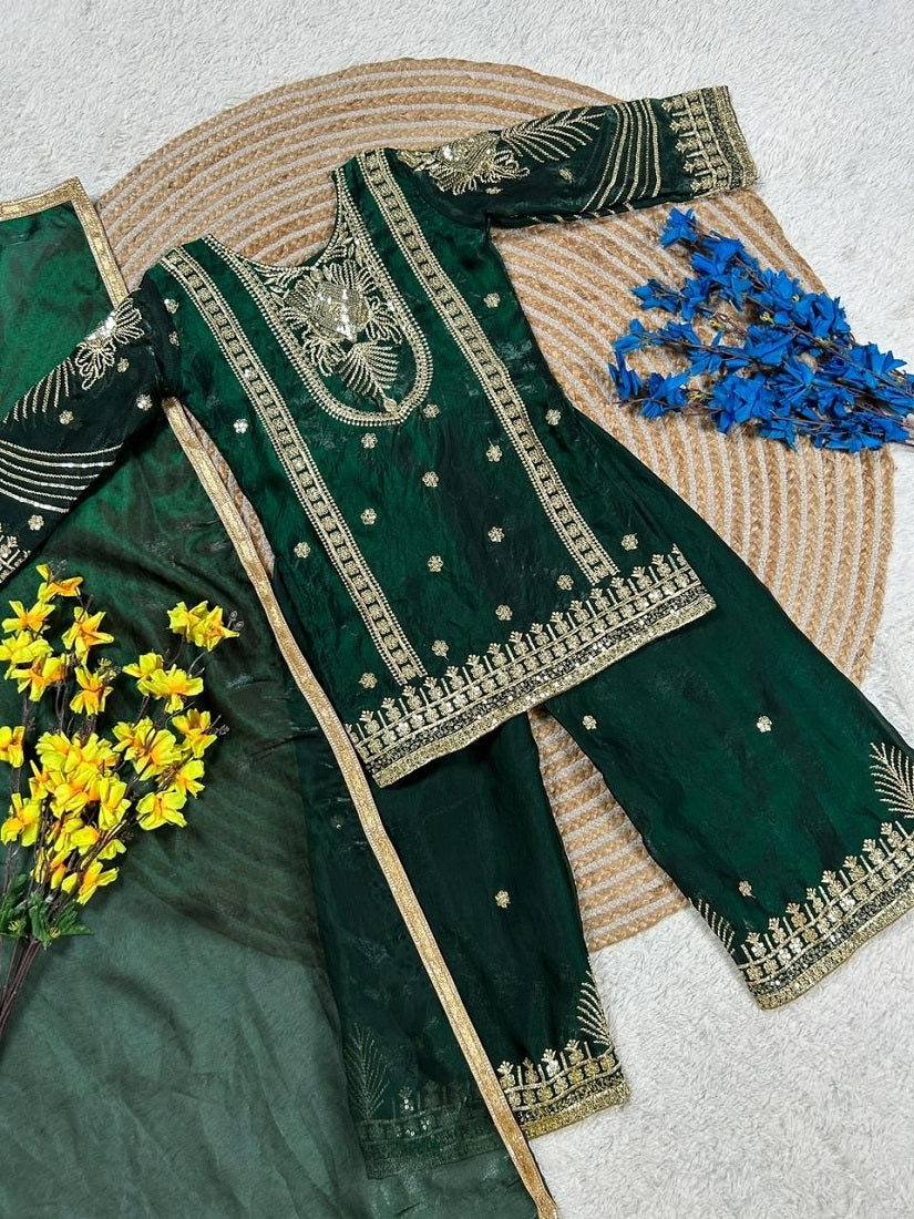 Evanik Green Embroidered Sequence Work Fendy Silk Kids Kurta Set - Dista