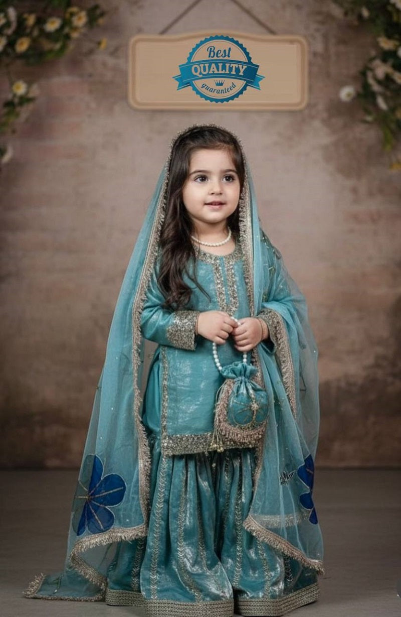 Evanik Blue Designer Party Wear Heavy Silk Kids Top Sharara & Dupatta Set - Distacart