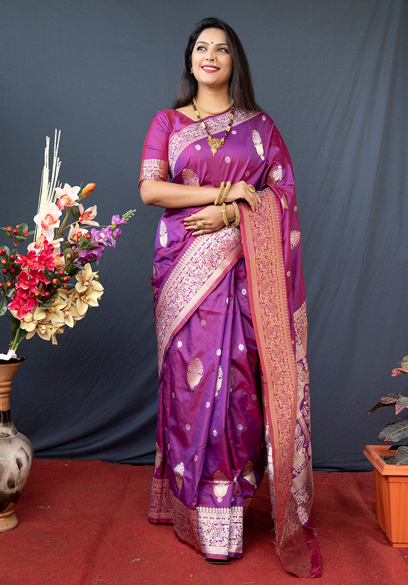 Monjolika Fashion Dark Magenta Banarasi Silk Blend Saree with Zari Weaving - Dista