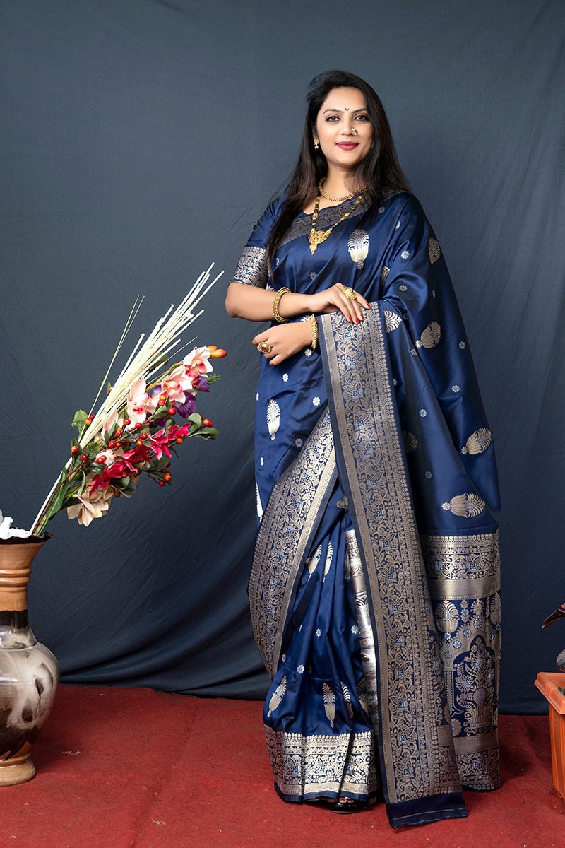 Monjolika Fashion Navy Blue Banarasi Silk Blend Saree with Zari Weaving - Dista