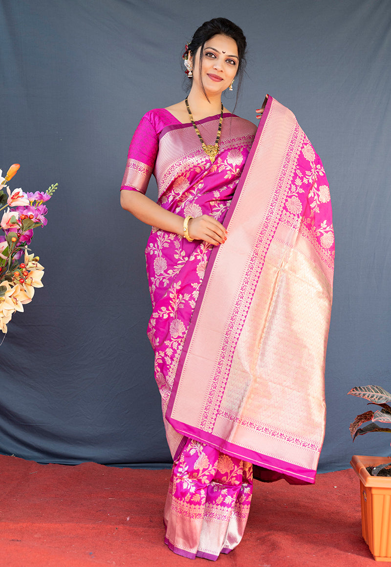 Monjolika Fashion Rani Pink Banarasi Silk Blend Saree With Floral Zari Weaving - Dista