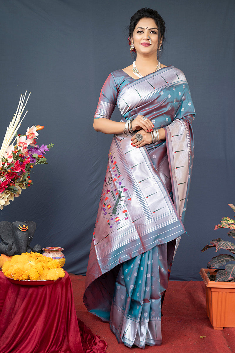 Monjolika Fashion Grey Silk Blend Saree With Silver Zari Booti & Traditional Floral Pallu - Dista