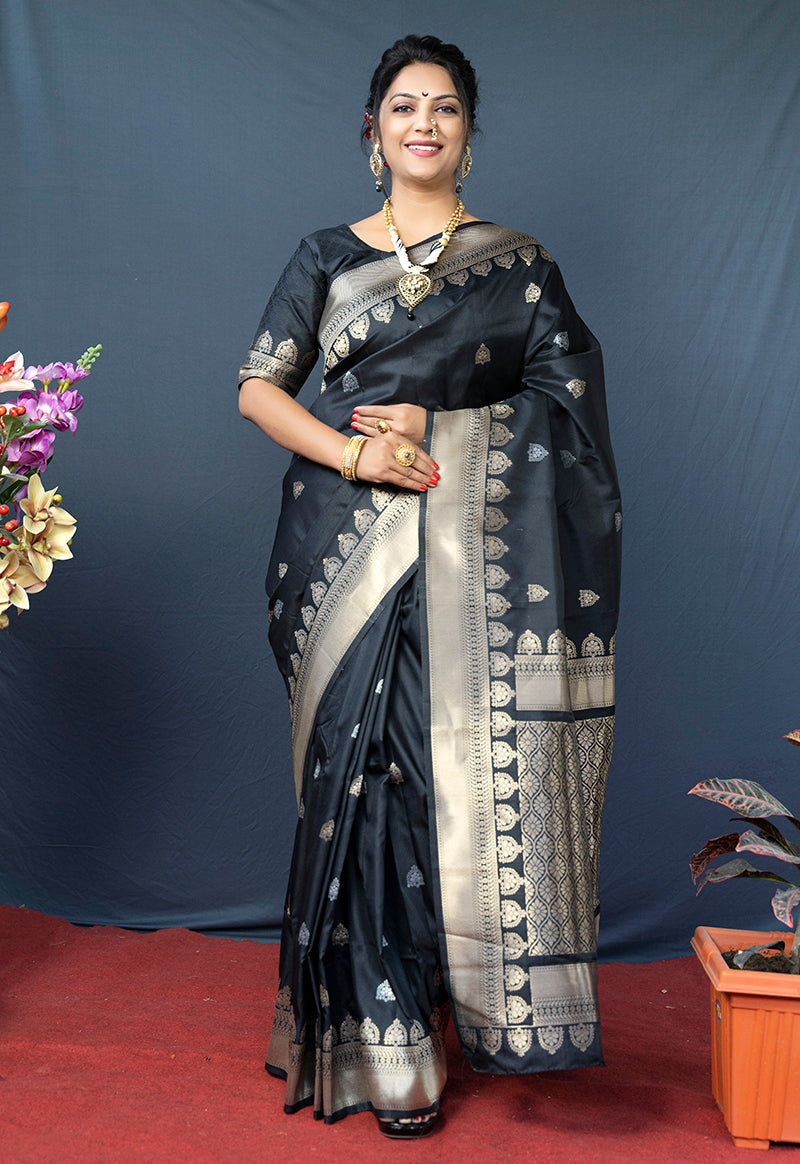 Monjolika Fashion Black Banarasi Silk Blend Saree with Silver Zari Border & Woven Pallu - Dista