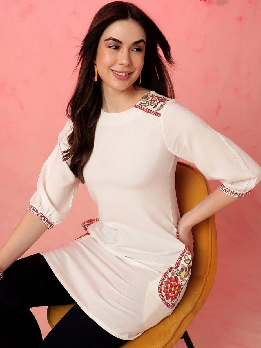 Anouk Zari Round Neck Three-Quarter Sleeves A-Line Kurta
