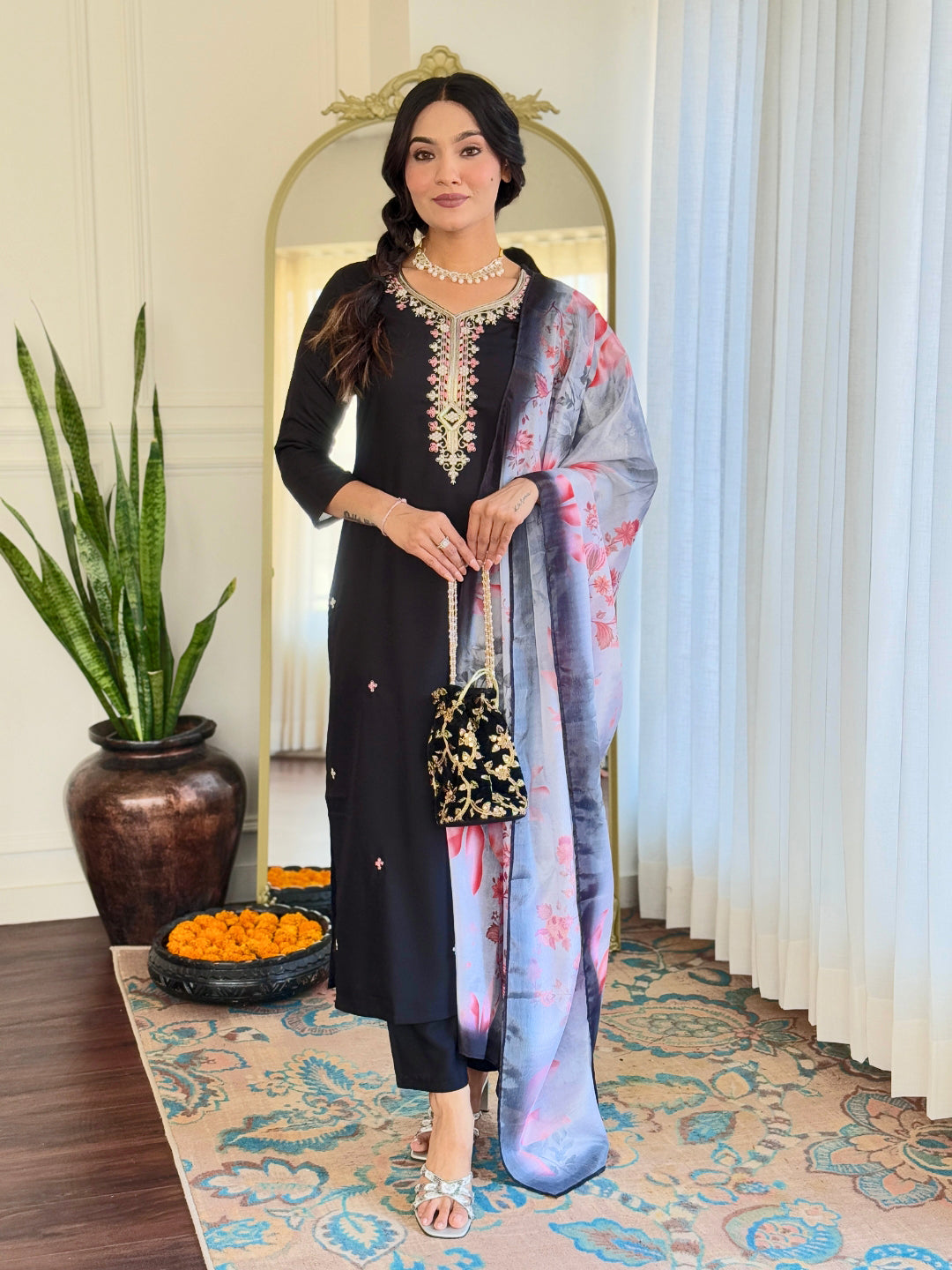 The52 Black Embroidered Viscose Chanderi Fabric Straight Kurta, Pant and Dupatta Set