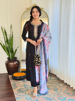 Thumbnail for The52 Black Embroidered Viscose Chanderi Fabric Straight Kurta, Pant and Dupatta Set