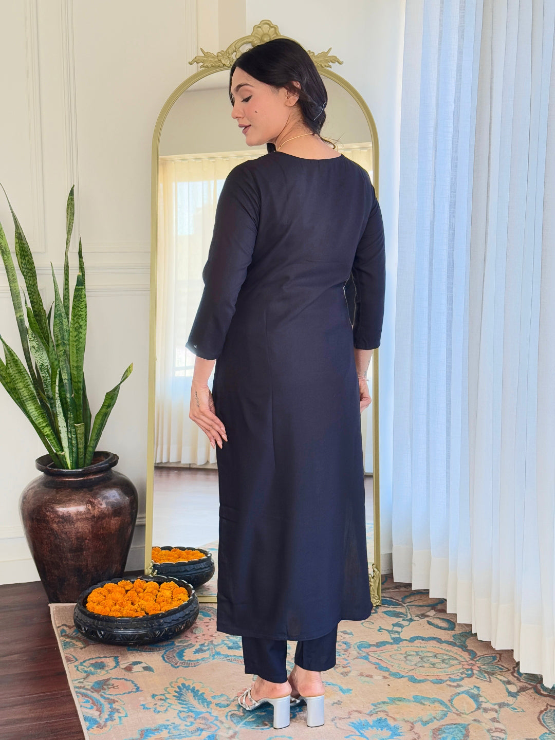 The52 Black Embroidered Viscose Chanderi Fabric Straight Kurta, Pant and Dupatta Set