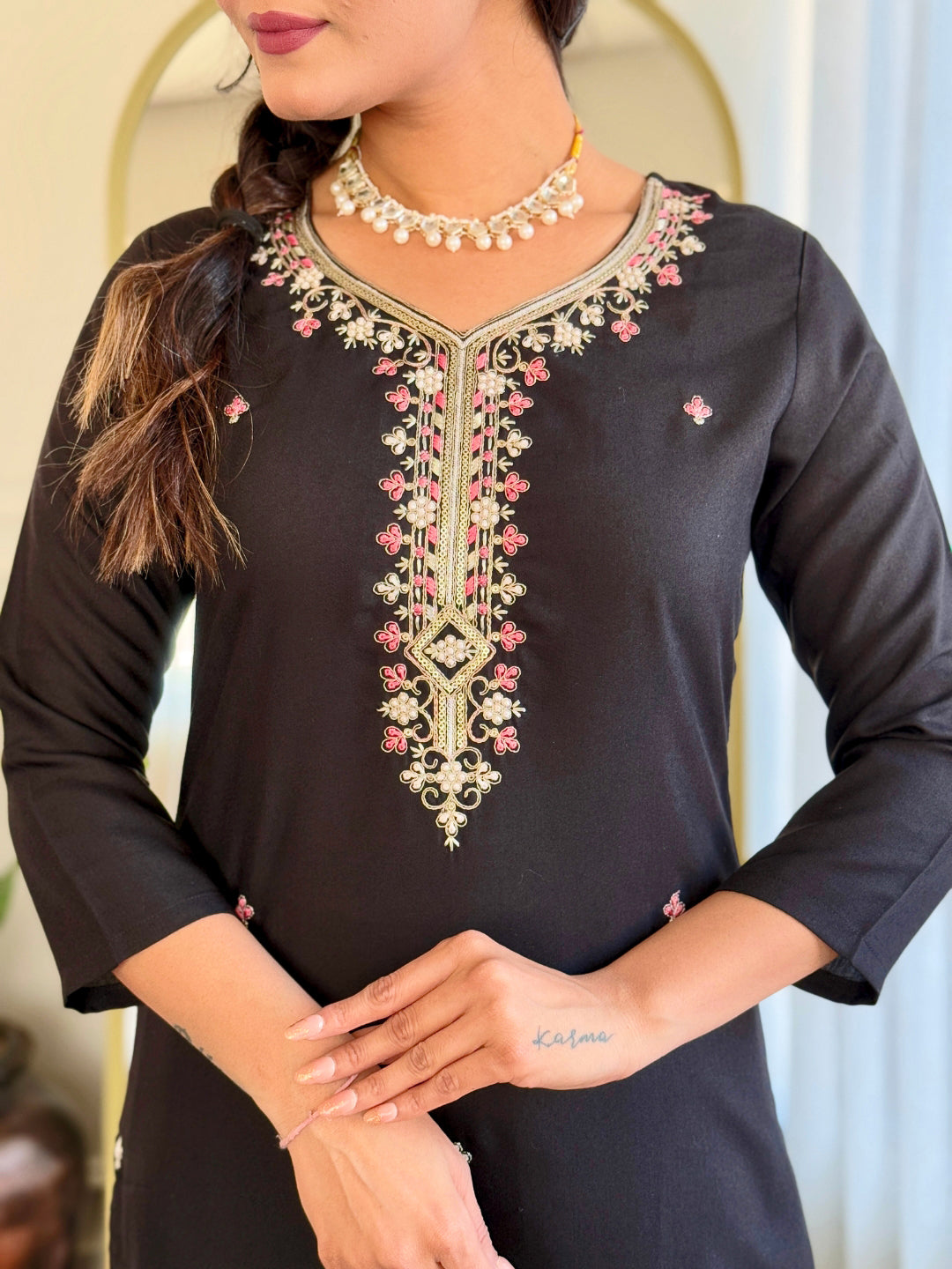 The52 Black Embroidered Viscose Chanderi Fabric Straight Kurta, Pant and Dupatta Set