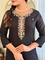 Thumbnail for The52 Black Embroidered Viscose Chanderi Fabric Straight Kurta, Pant and Dupatta Set