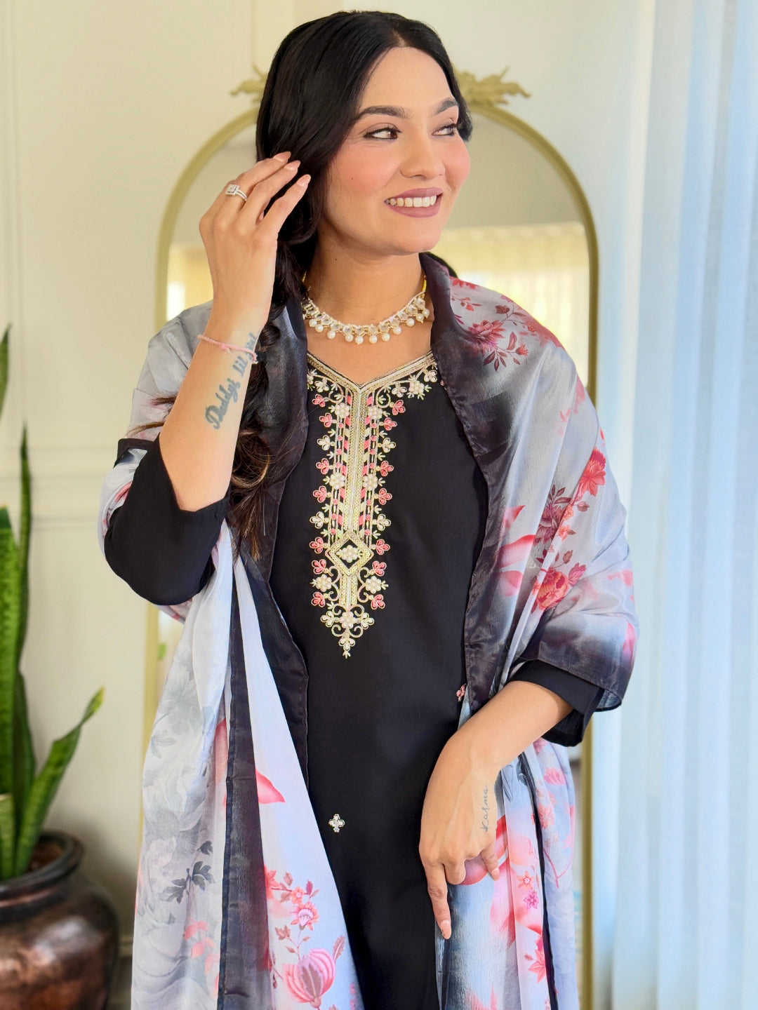 The52 Black Embroidered Viscose Chanderi Fabric Straight Kurta, Pant and Dupatta Set