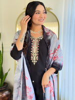 Thumbnail for The52 Black Embroidered Viscose Chanderi Fabric Straight Kurta, Pant and Dupatta Set
