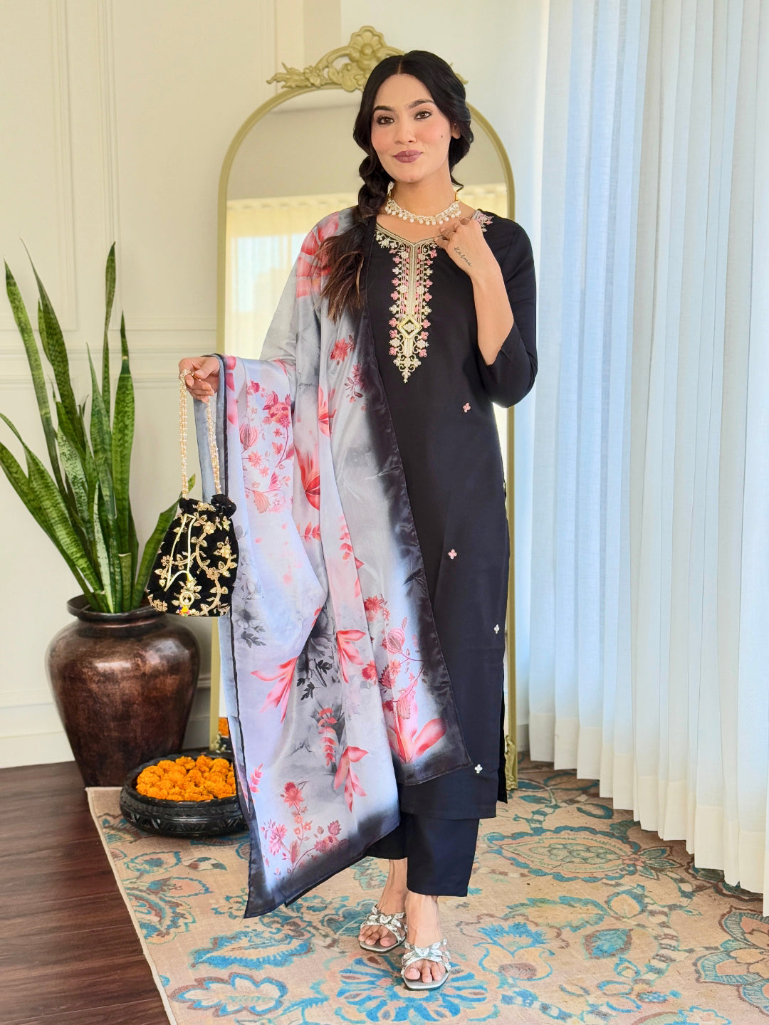 The52 Black Embroidered Viscose Chanderi Fabric Straight Kurta, Pant and Dupatta Set