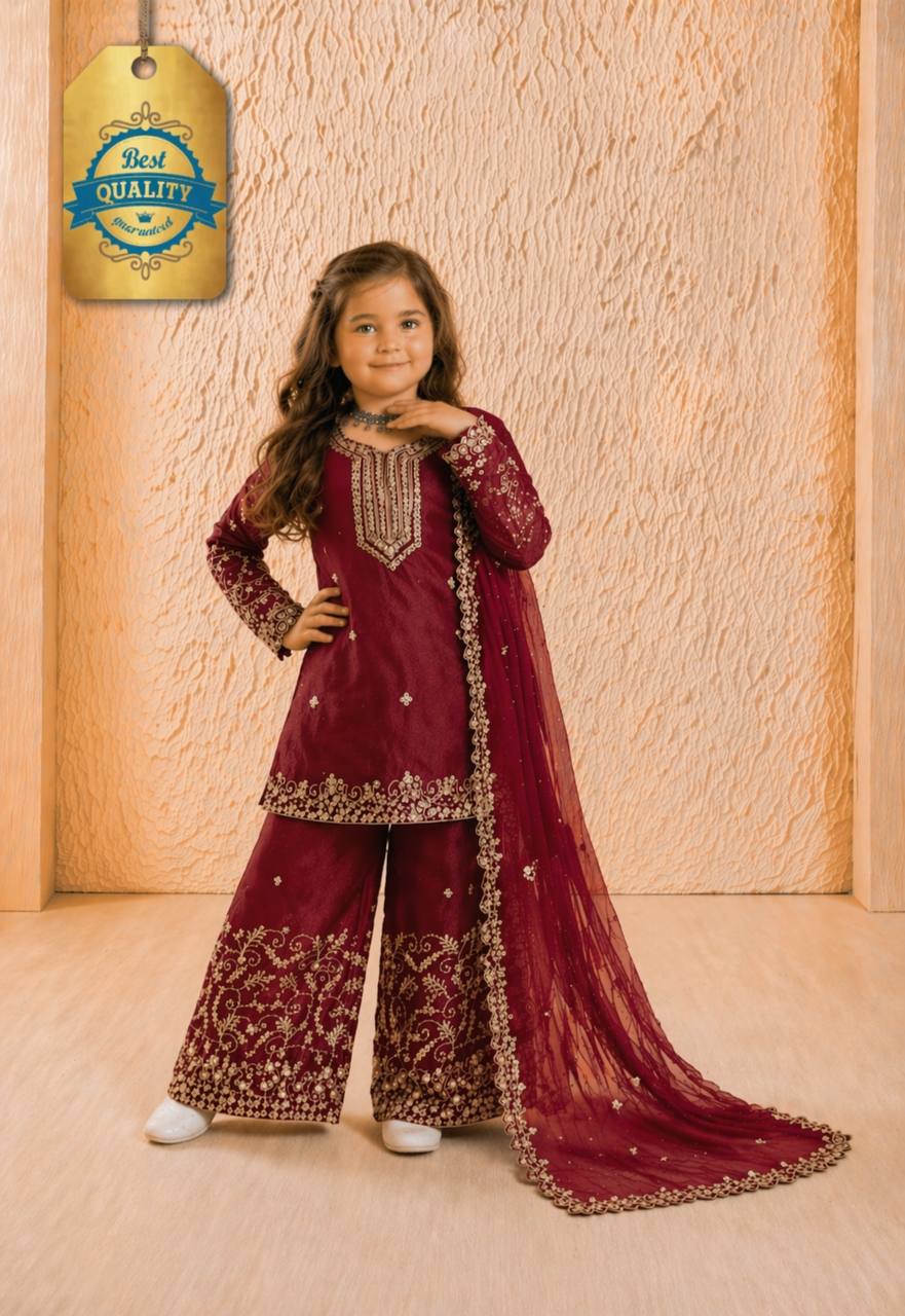 Evanik Maroon Designer Party Wear Heavy Silk Kids Top Sharara & Dupatta Set - Distacart
