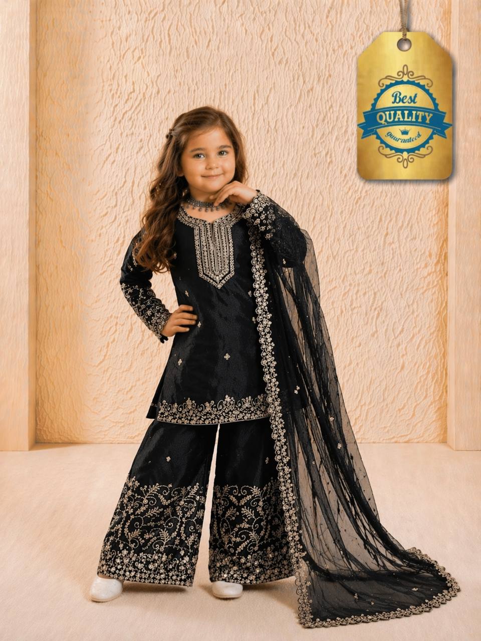 Evanik Black Designer Party Wear Heavy Silk Kids Top Sharara & Dupatta Set - Distacart
