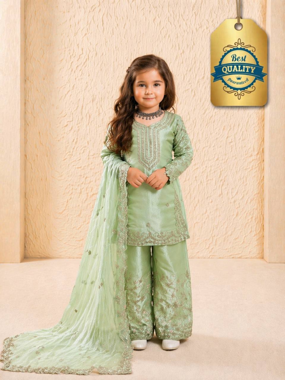 Evanik Green Designer Party Wear Heavy Silk Kids Top Sharara & Dupatta Set - Distacart