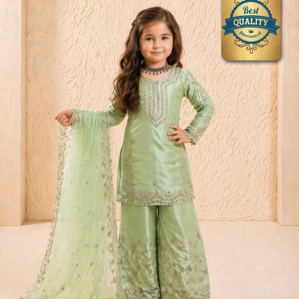 Evanik Green Designer Party Wear Heavy Silk Kids Top Sharara & Dupatta Set - Distacart