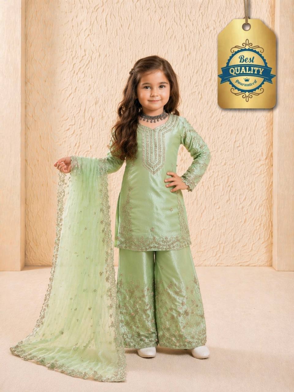 Evanik Green Designer Party Wear Heavy Silk Kids Top Sharara & Dupatta Set - Distacart