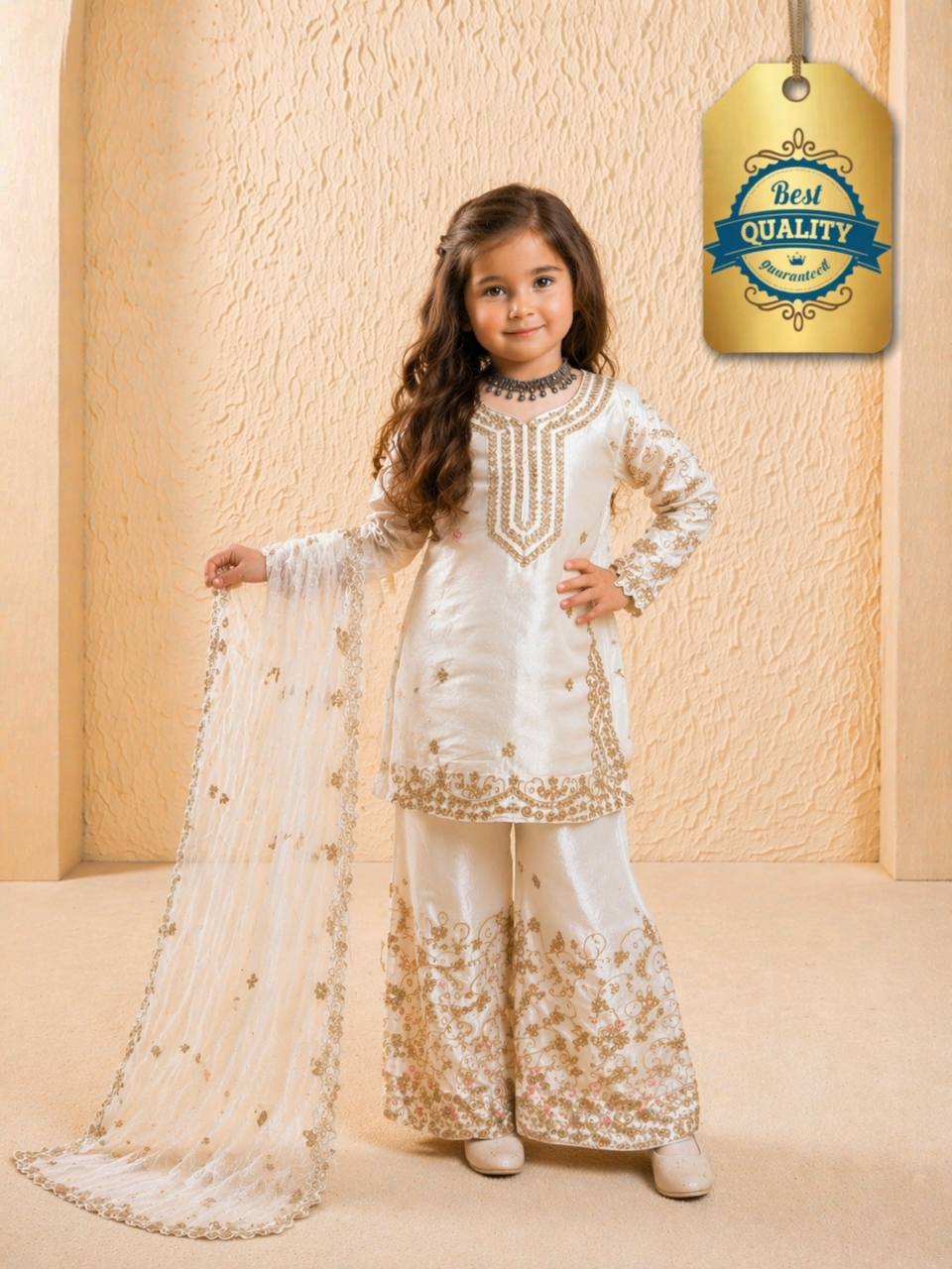Evanik White Designer Party Wear Heavy Silk Kids Top Sharara & Dupatta Set - Distacart