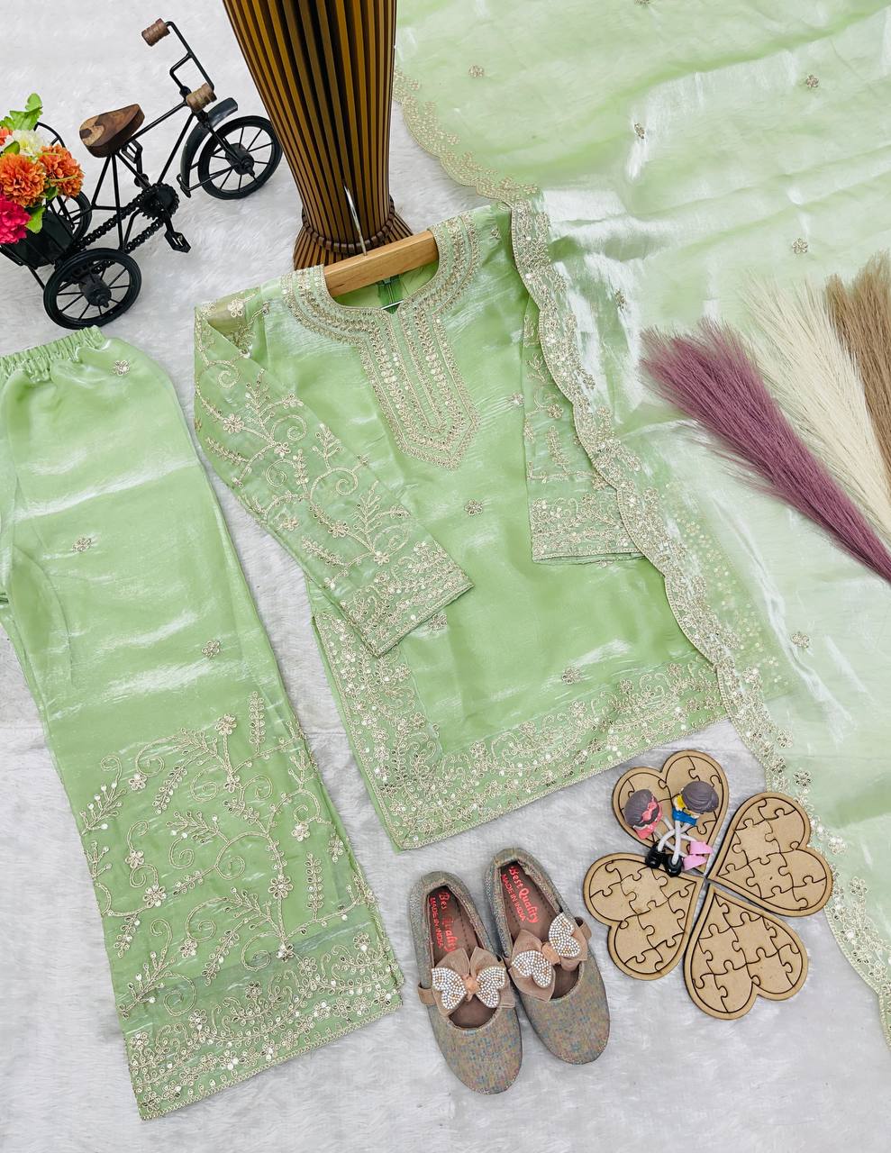Evanik Green Designer Party Wear Heavy Silk Kids Top Sharara & Dupatta Set - Distacart