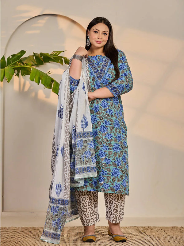 Yufta Rama Green And Blue Floral Sequins Work Straight Plus Size Kurta Trouser Dupatta Set