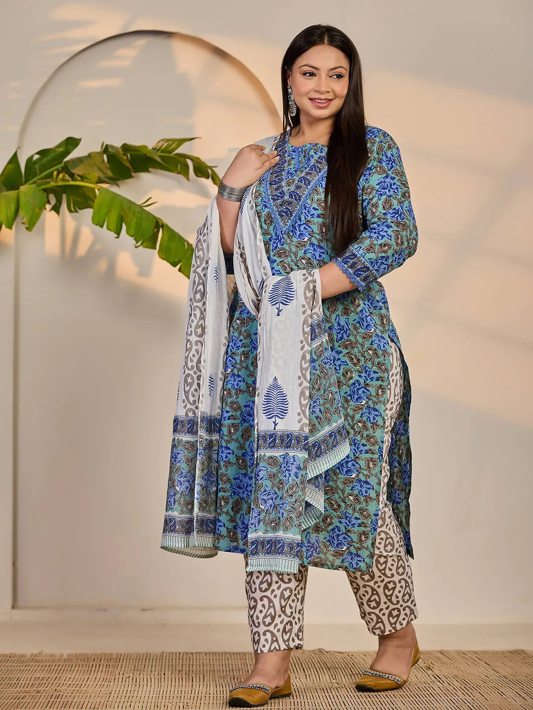 Yufta Rama Green And Blue Floral Sequins Work Straight Plus Size Kurta Trouser Dupatta Set - Distacart