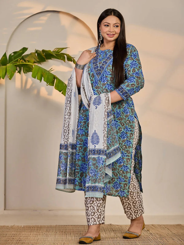 Yufta Rama Green And Blue Floral Sequins Work Straight Plus Size Kurta Trouser Dupatta Set