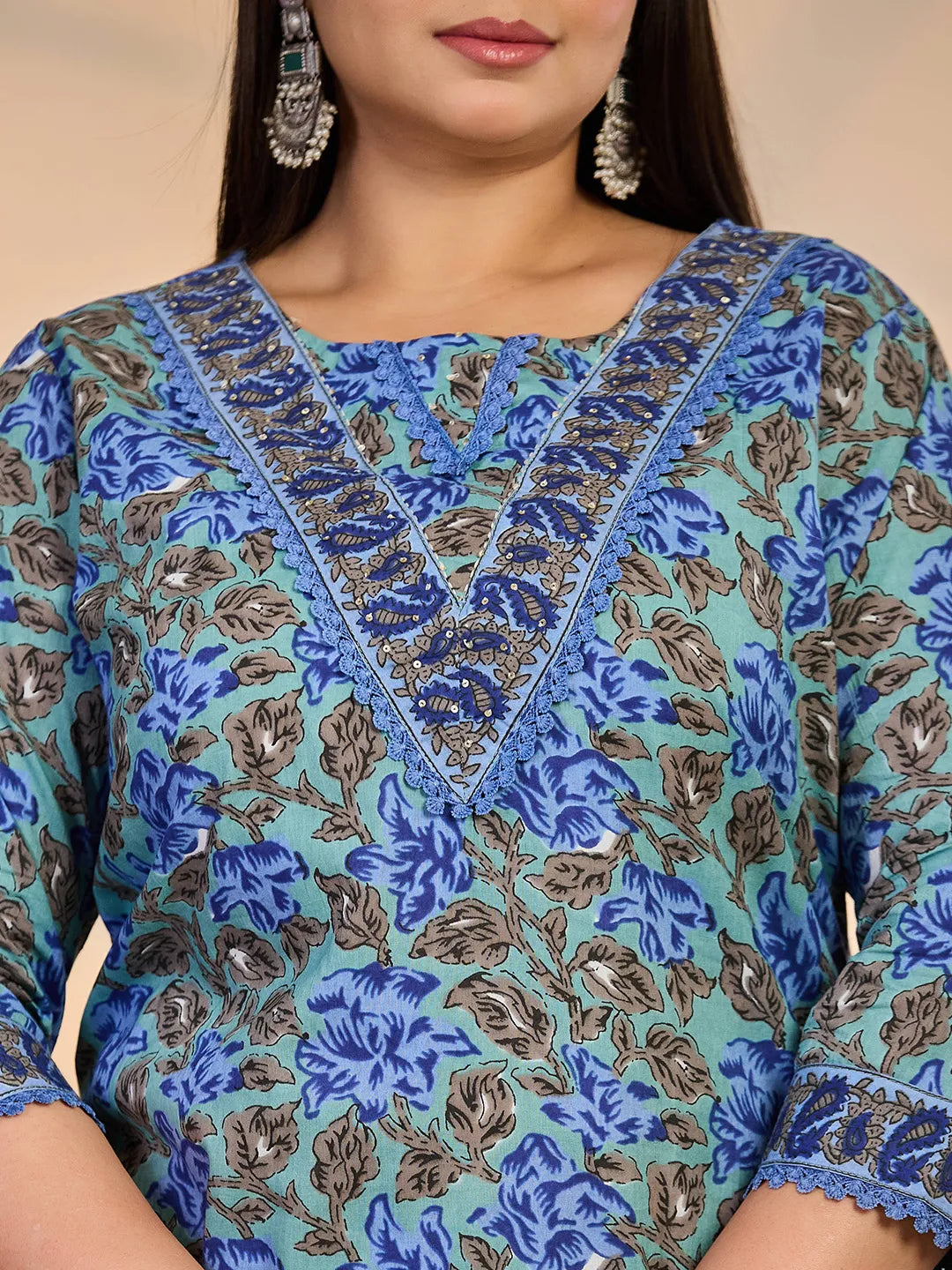 Yufta Rama Green And Blue Floral Sequins Work Straight Plus Size Kurta Trouser Dupatta Set