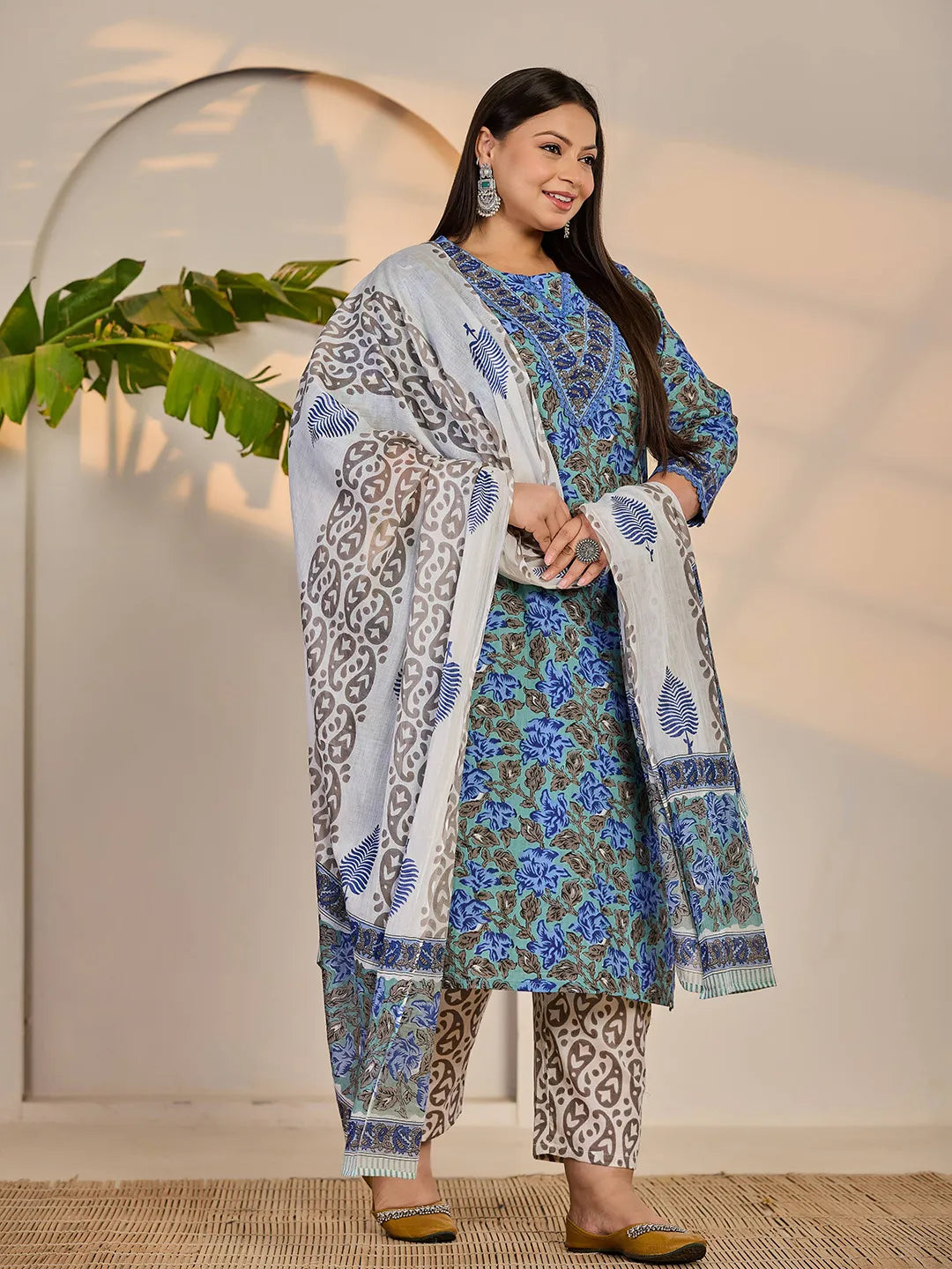 Yufta Rama Green And Blue Floral Sequins Work Straight Plus Size Kurta Trouser Dupatta Set