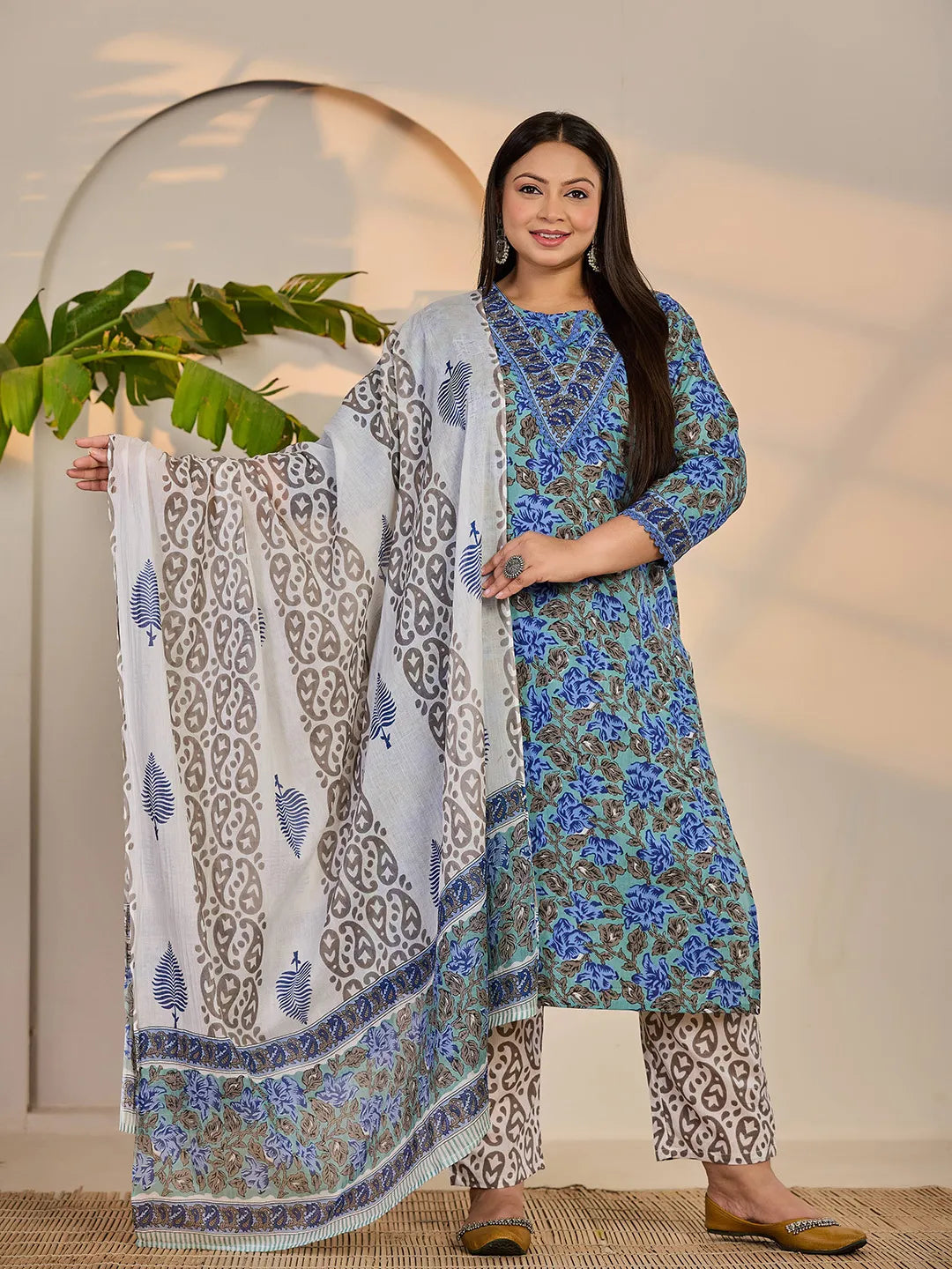 Yufta Rama Green And Blue Floral Sequins Work Straight Plus Size Kurta Trouser Dupatta Set