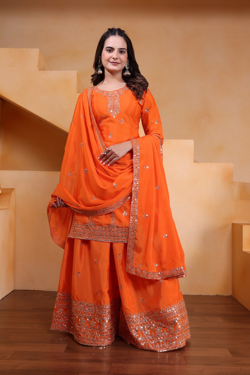 Yash Enterprise Orange Chinon Silk Embroidery Party Wear Suit Set - Distacart