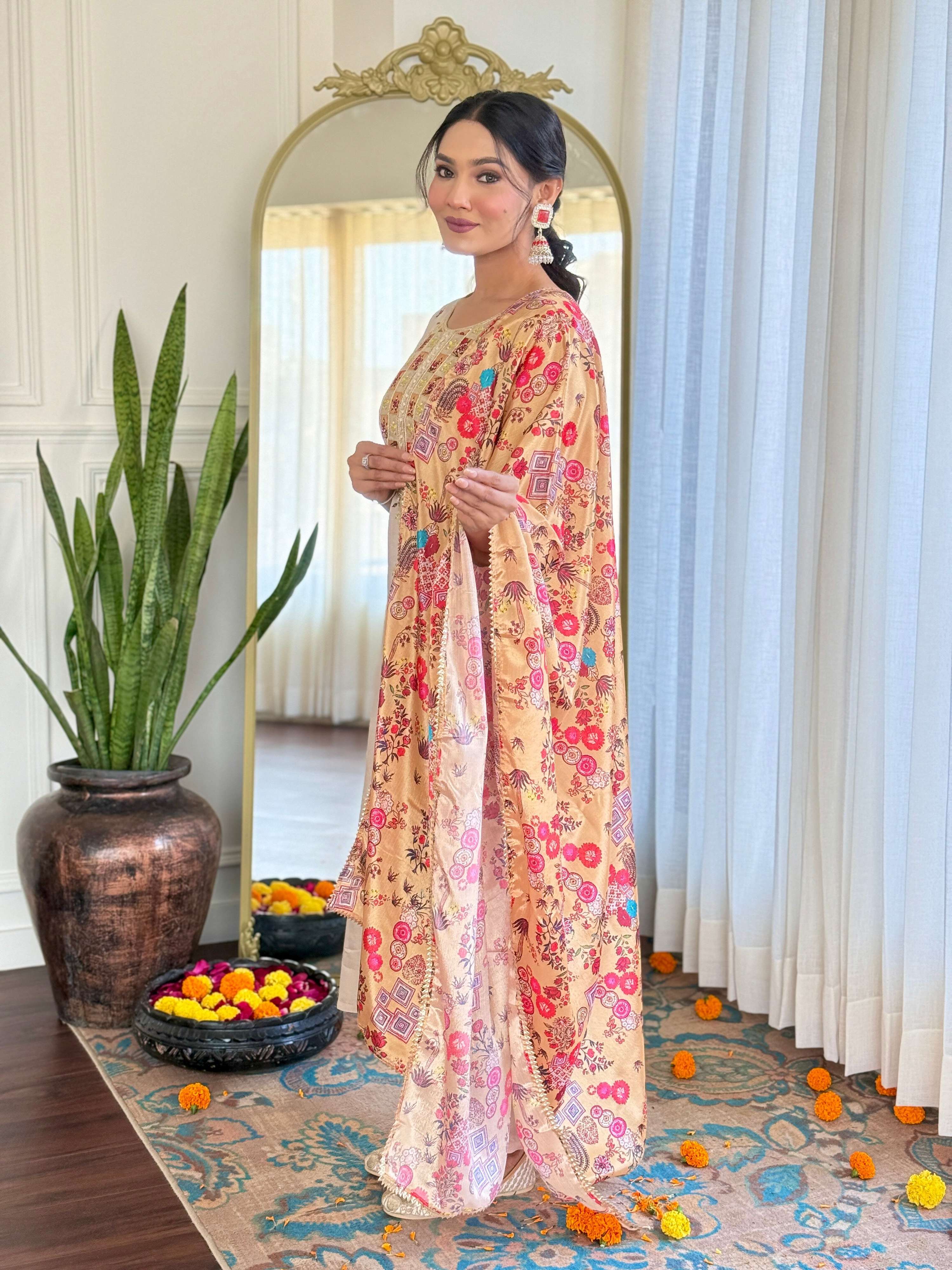 The52 Embroidered Rayon Fabric Straight Kurta, Pant and Dupatta Set