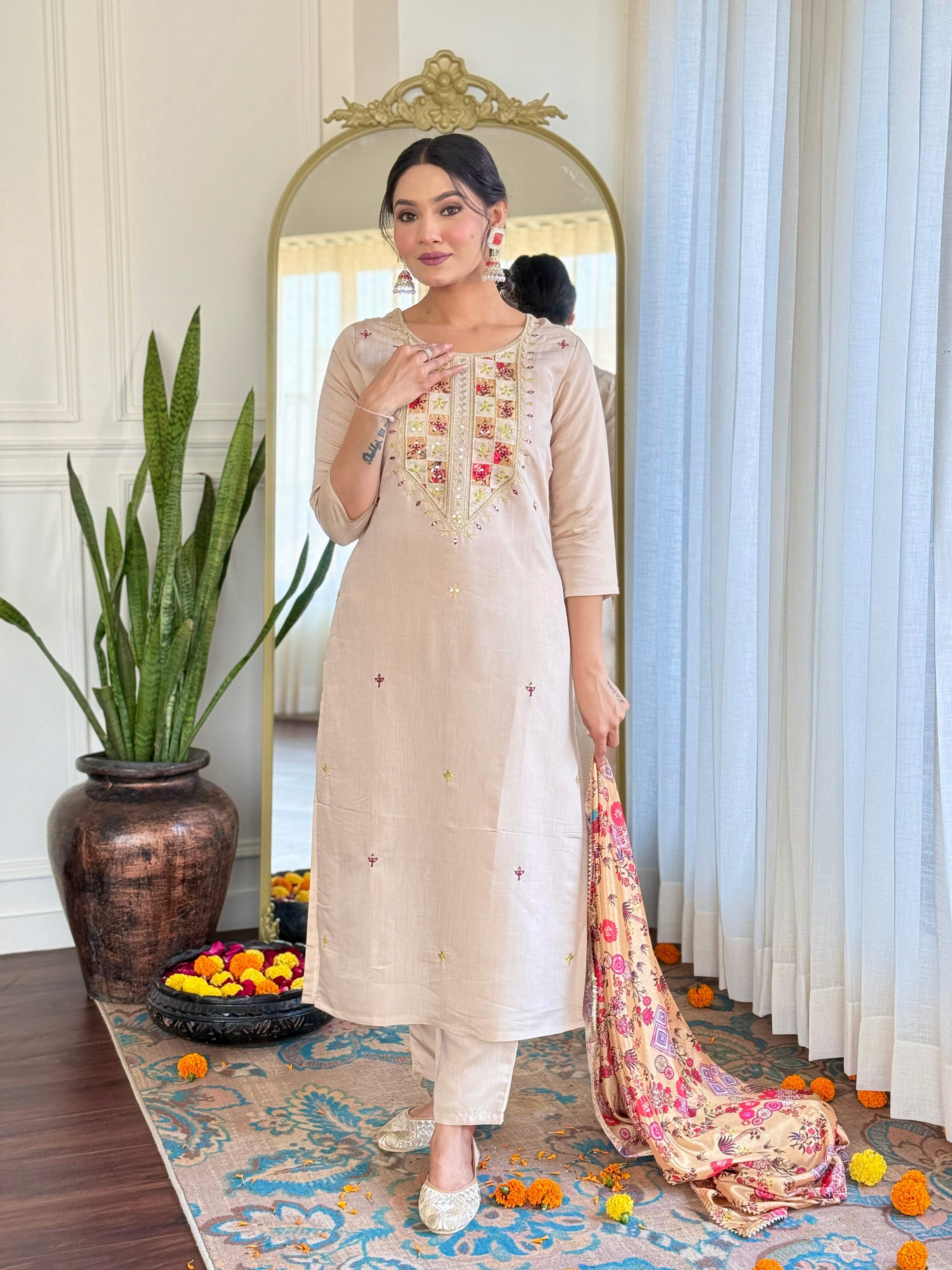 The52 Embroidered Rayon Fabric Straight Kurta, Pant and Dupatta Set