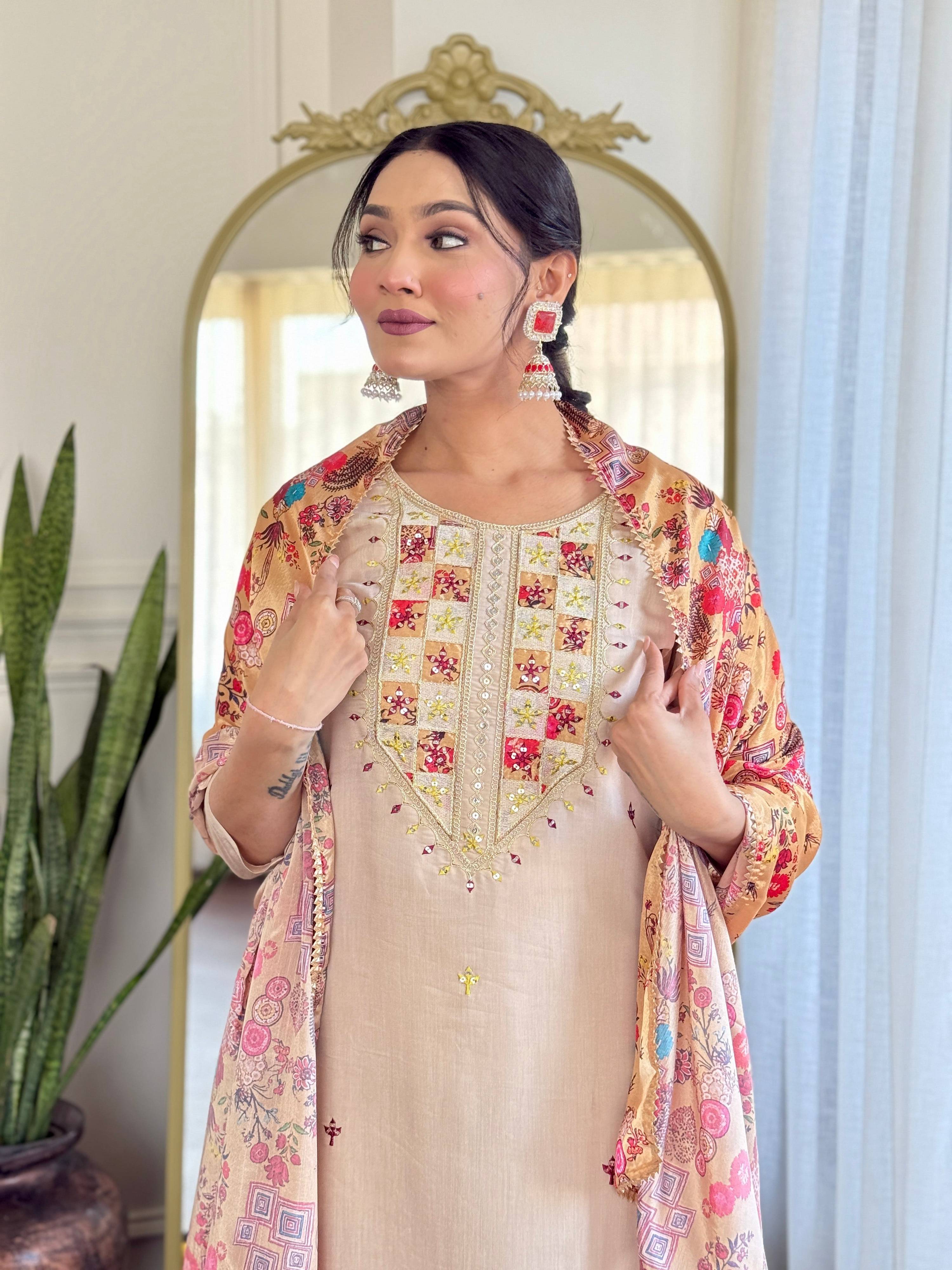 The52 Embroidered Rayon Fabric Straight Kurta, Pant and Dupatta Set