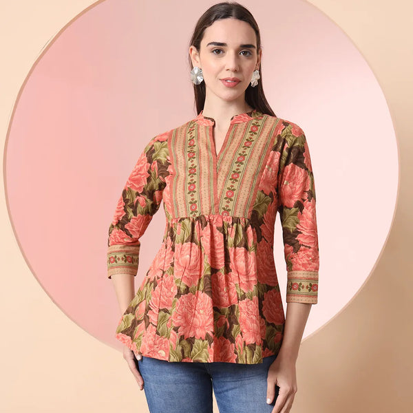 Yufta Peach Pure Cotton Gathered Or Pleated Top - Distacart