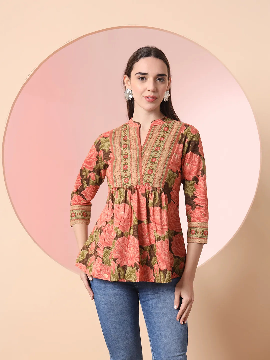 Yufta Peach Pure Cotton Gathered Or Pleated Top - Distacart
