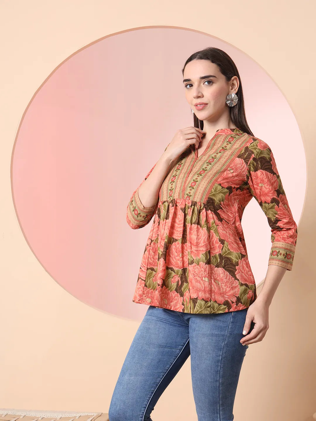 Yufta Peach Pure Cotton Gathered Or Pleated Top - Distacart