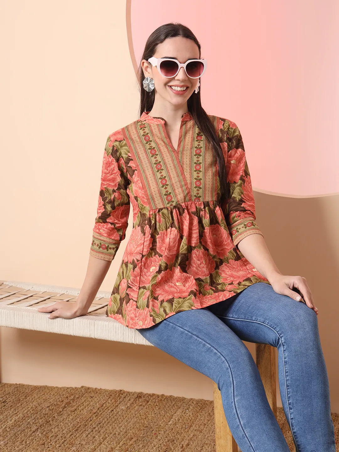 Yufta Peach Pure Cotton Gathered Or Pleated Top - Distacart
