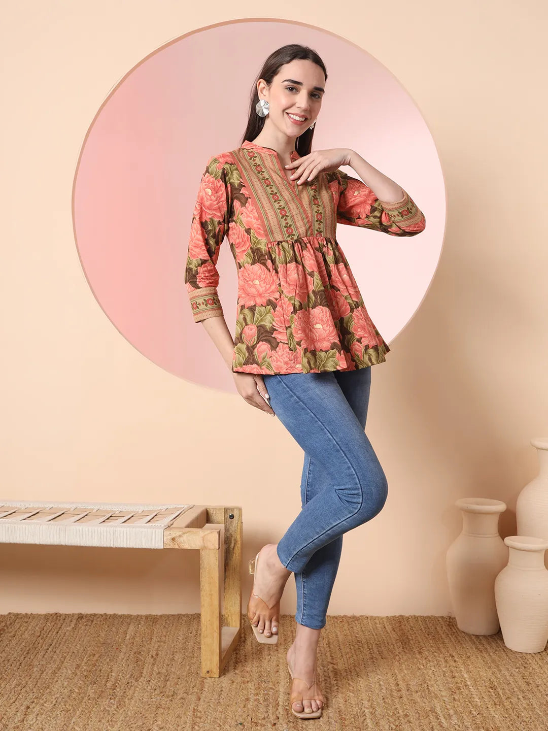Yufta Peach Pure Cotton Gathered Or Pleated Top - Distacart