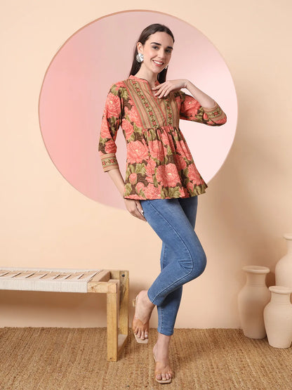 Yufta Peach Pure Cotton Gathered Or Pleated Top - Distacart